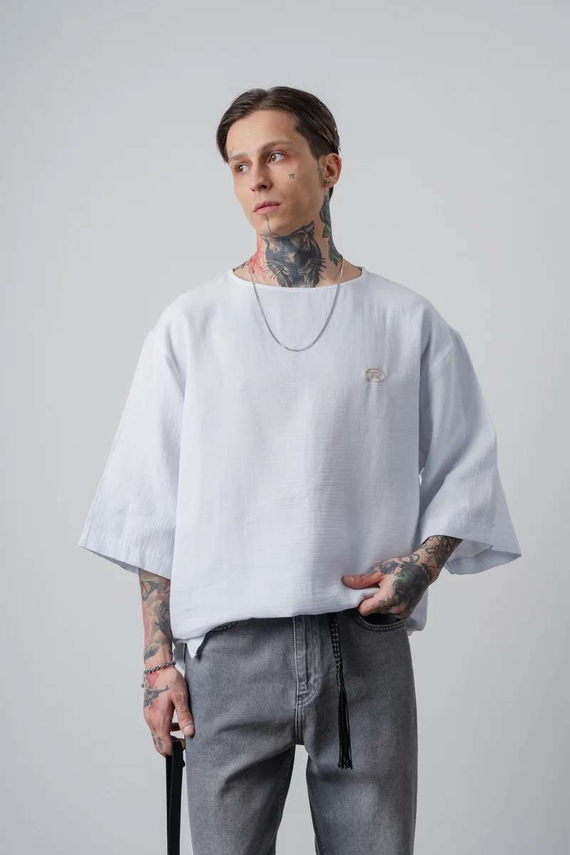 Men's R Embroidered Poor Sleeve Muslin Oversize T-Shirt White