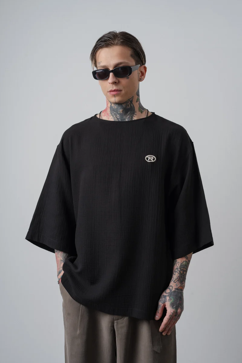 Men's R Embroidered Poor Sleeve Muslin Oversize T-Shirt Black