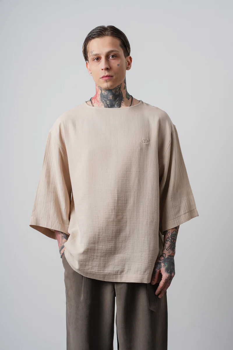 Men's R Embroidered Poor Sleeve Muslin Oversize T-Shirt Beige