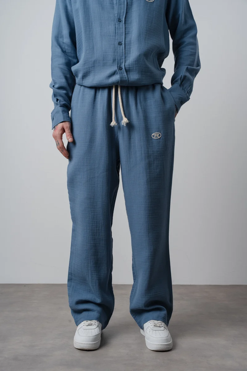 Men's R Embroidered Muslin Baggy Pants Light Blue