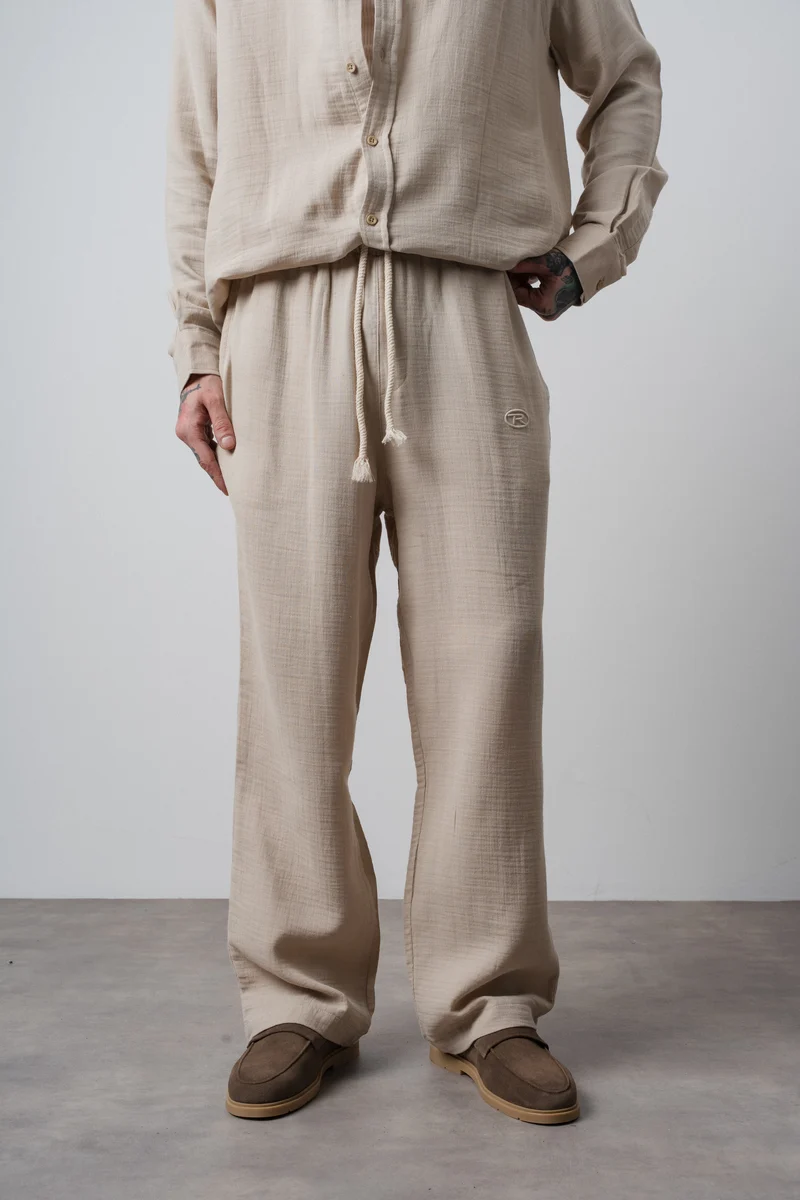 Men's R Embroidered Muslin Baggy Pants Beige