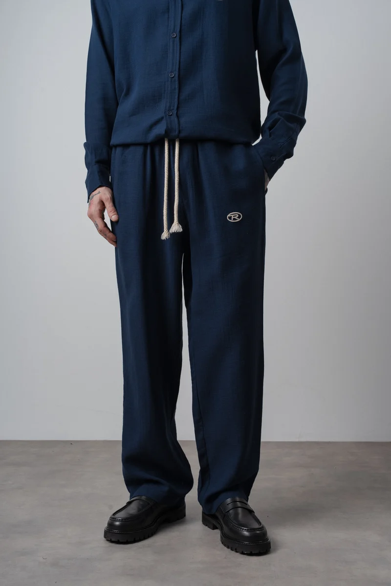 Men's R Embroidered Muslin Baggy Pants Navy Blue