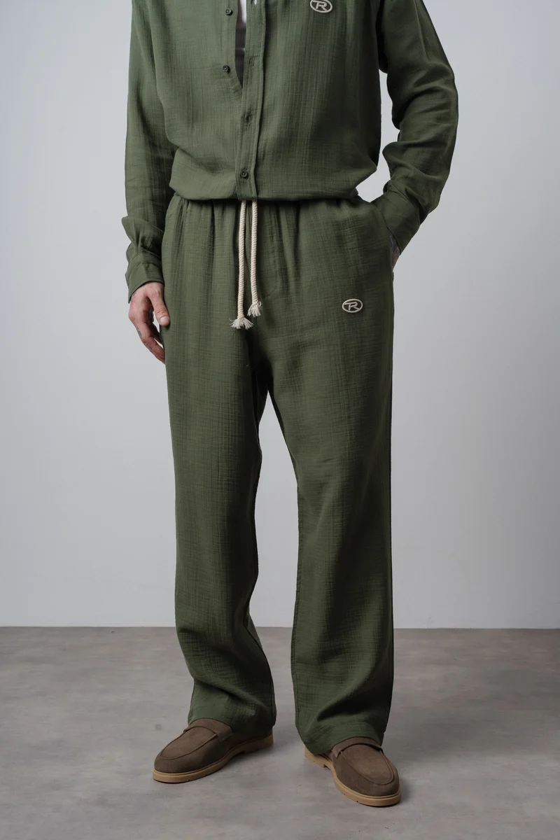 Men's R Embroidered Muslin Baggy Pants Dark Khaki