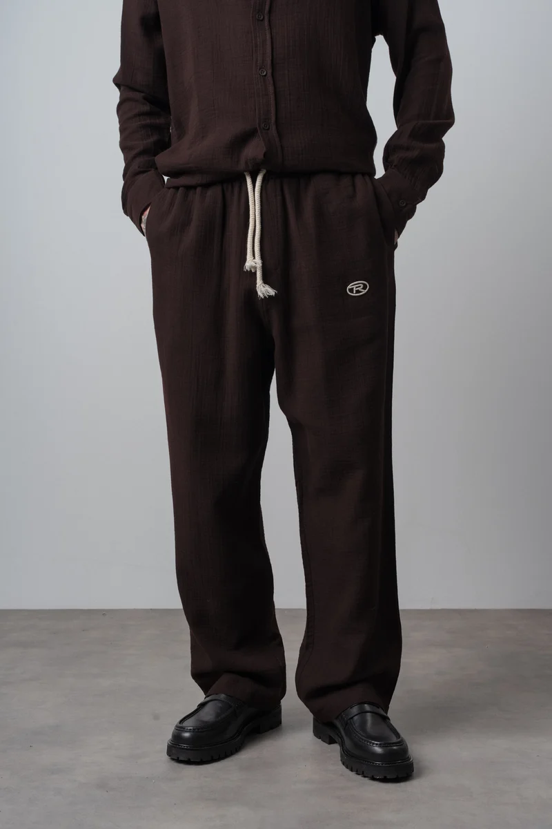 Men's R Embroidered Muslin Baggy Pants Bıtter Brown