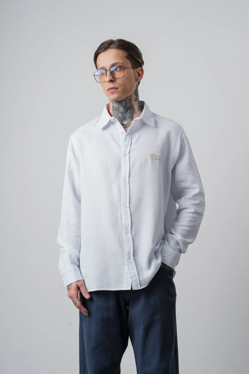 Men's R Embroidered Long-Sleeve Muslin Oversize Shirt White