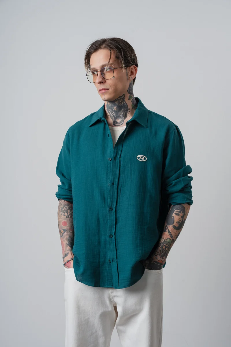 Men's R Embroidered Long-Sleeve Muslin Oversize Shirt Emerald