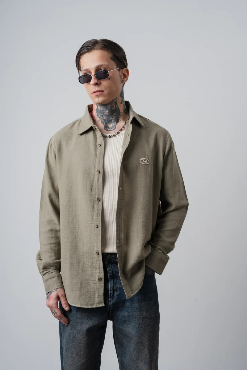 Men's R Embroidered Long-Sleeve Aerobin Oversize Shirt Khaki