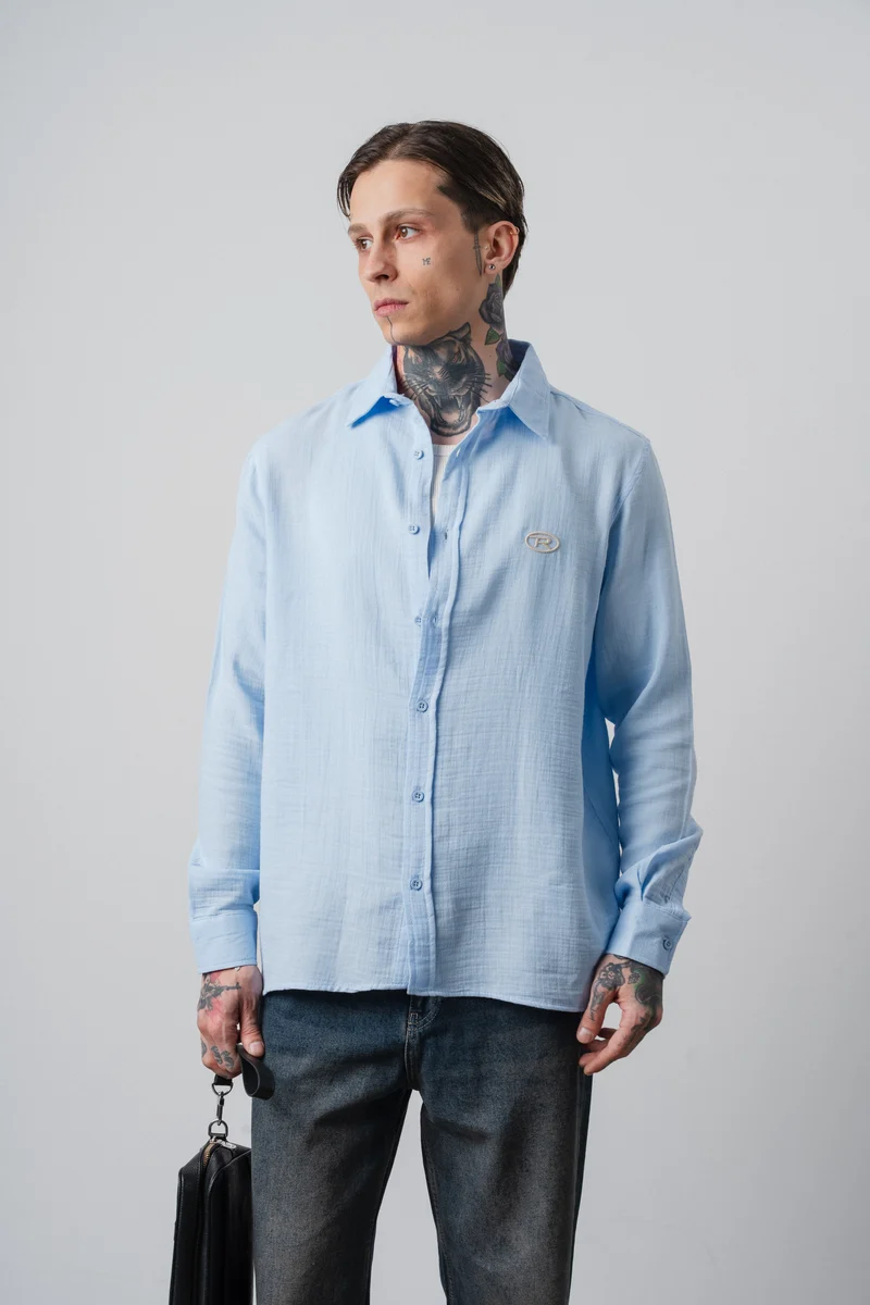 Men's R Embroidered Long-Sleeve Muslin Oversize Shirt Baby Blue