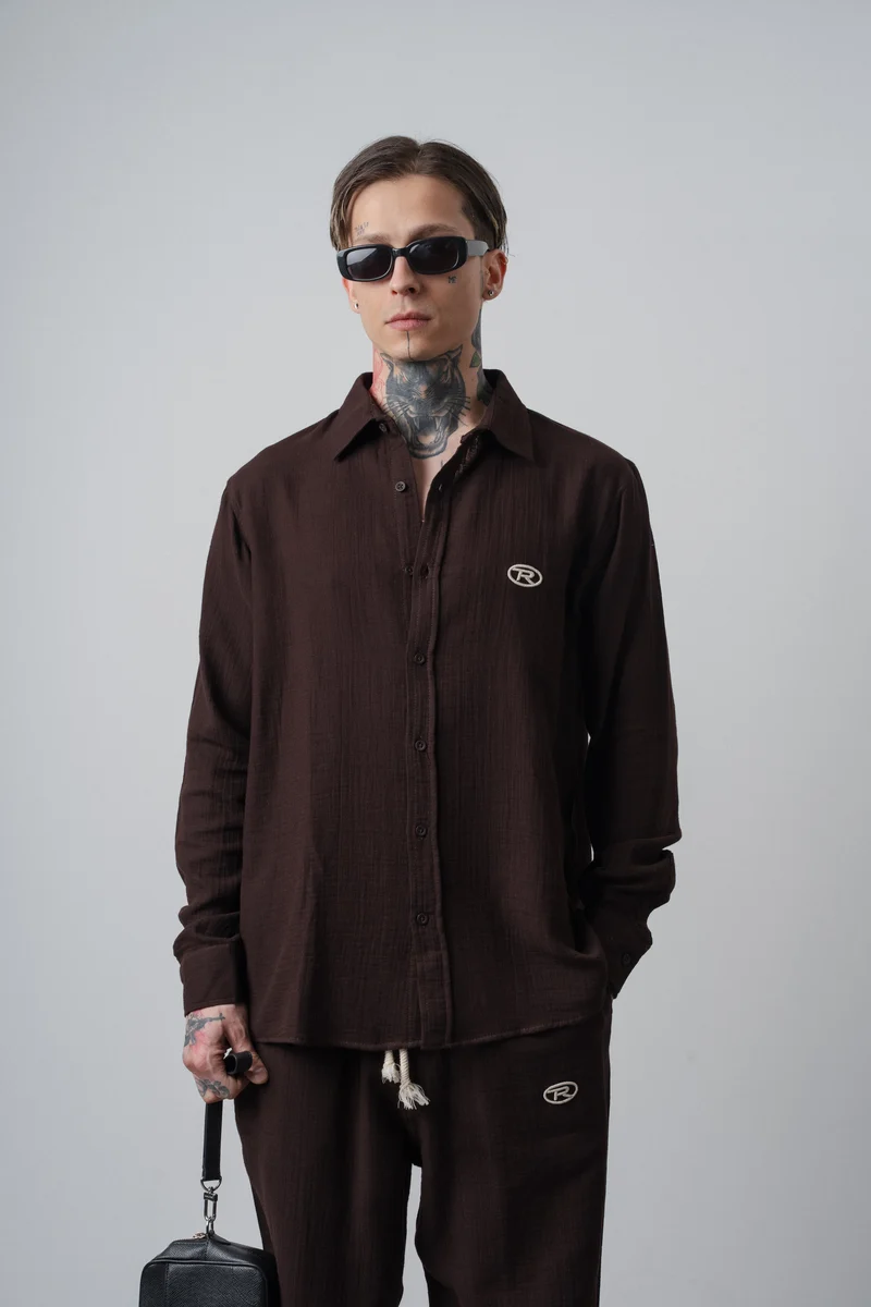 Men's R Embroidered Long-Sleeve Muslin Oversize Shirt Dark Brown