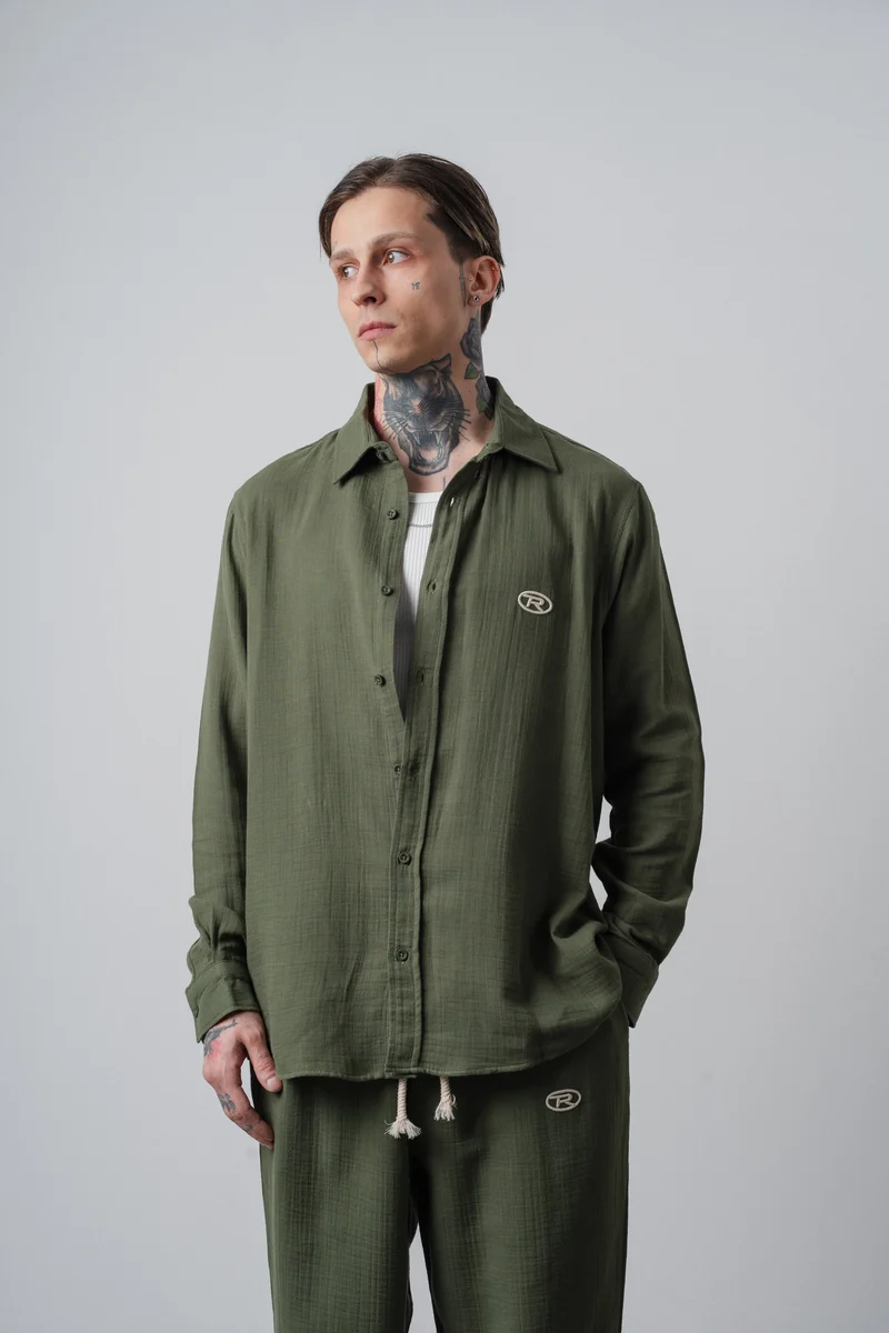 Men's R Embroidered Long-Sleeve Muslin Oversize Shirt Dark Khaki