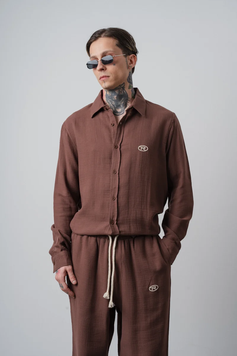 Men's R Embroidered Long-Sleeve Muslin Oversize Shirt Brown