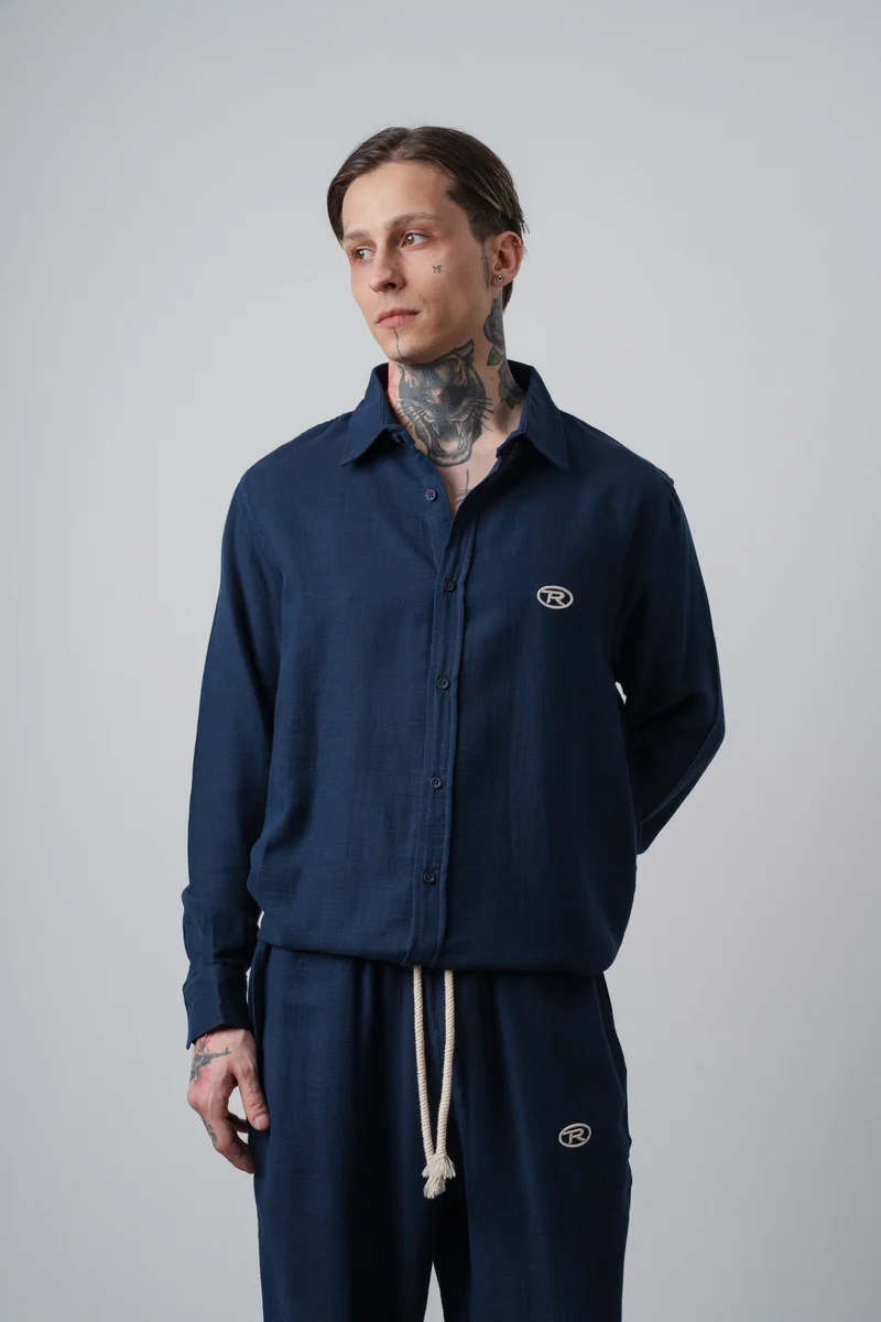 Men's R Embroidered Long-Sleeve Muslin Oversize Shirt Navy Blue