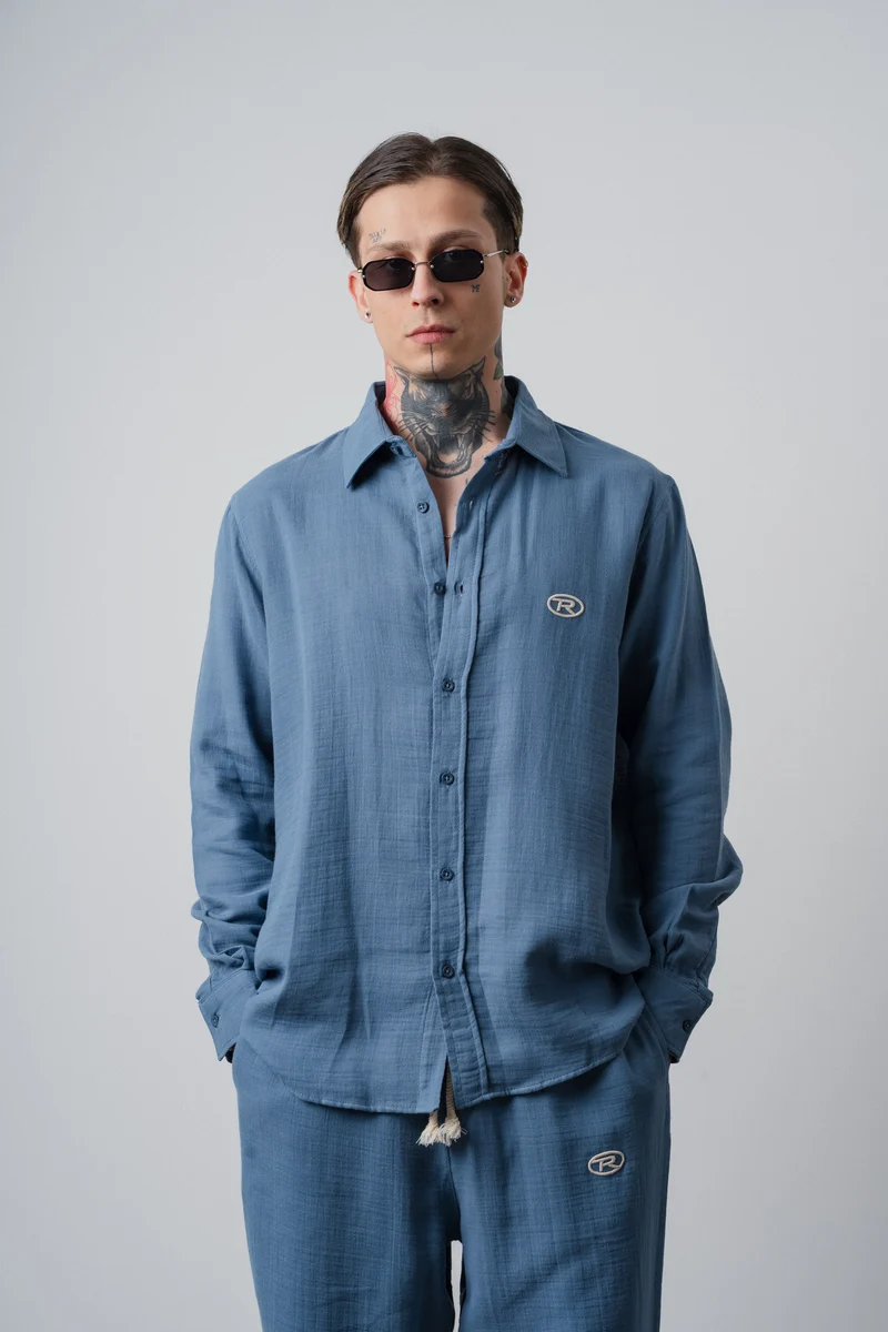 Men's R Embroidered Long-Sleeve Muslin Oversize Shirt Light Blue