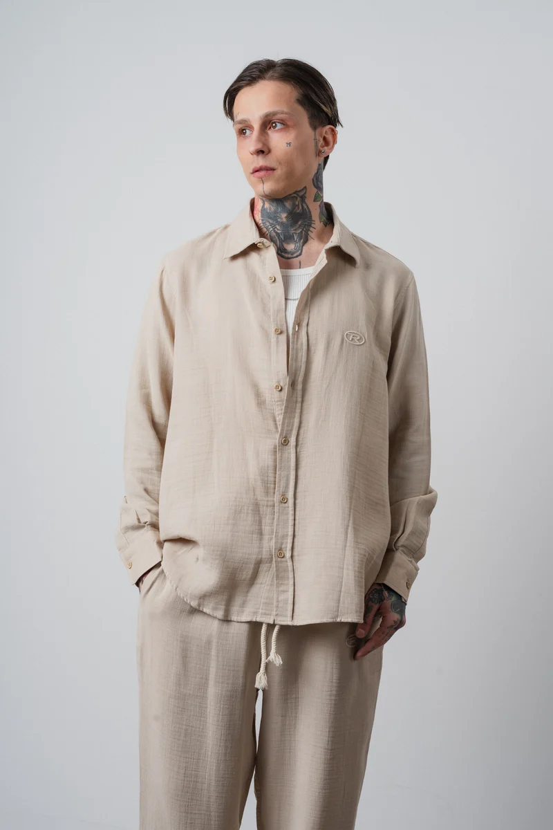 Men's R Embroidered Long-Sleeve Muslin Oversize Shirt Beige