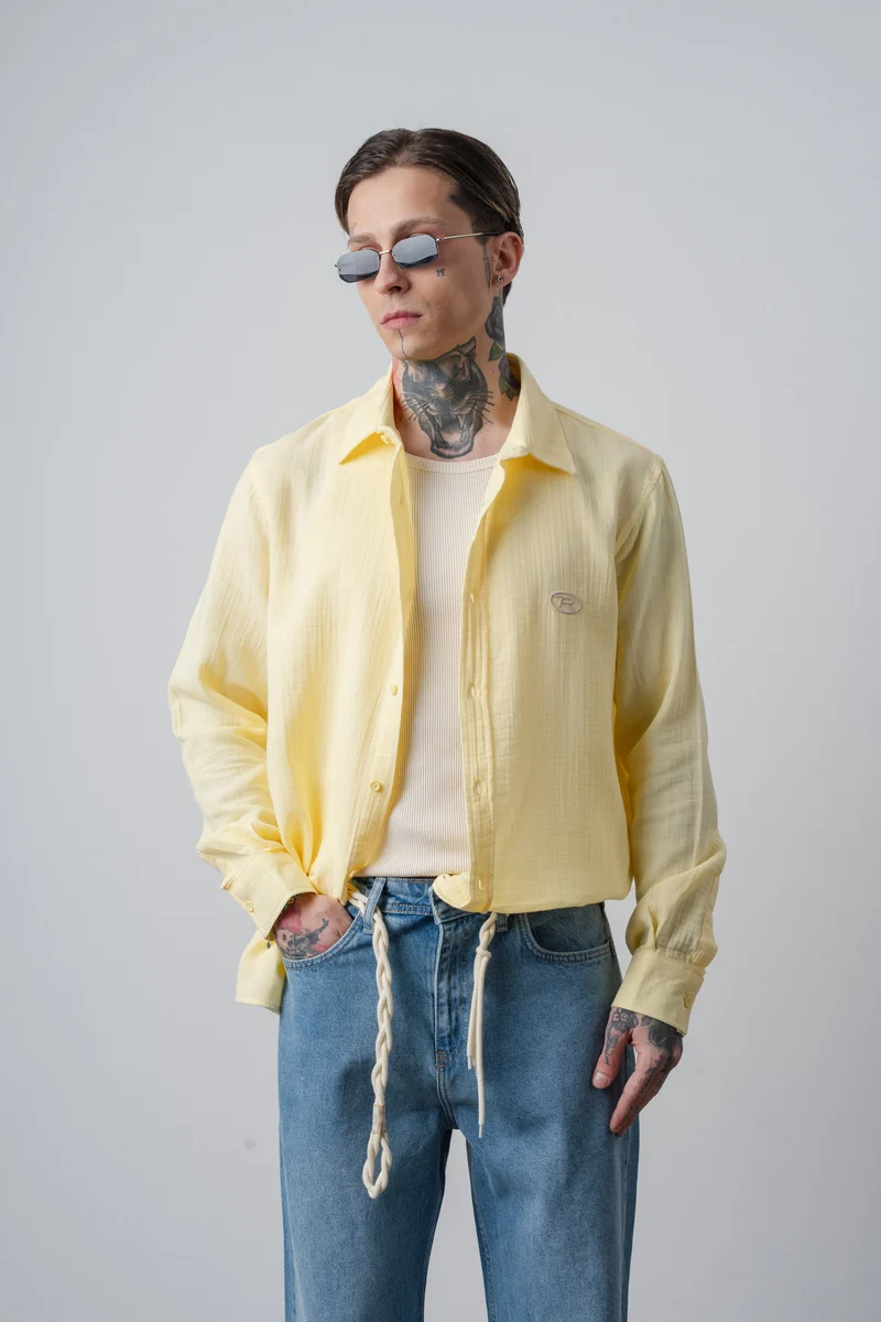 Men's R Embroidered Long-Sleeve Muslin Oversize Shirt Yellow