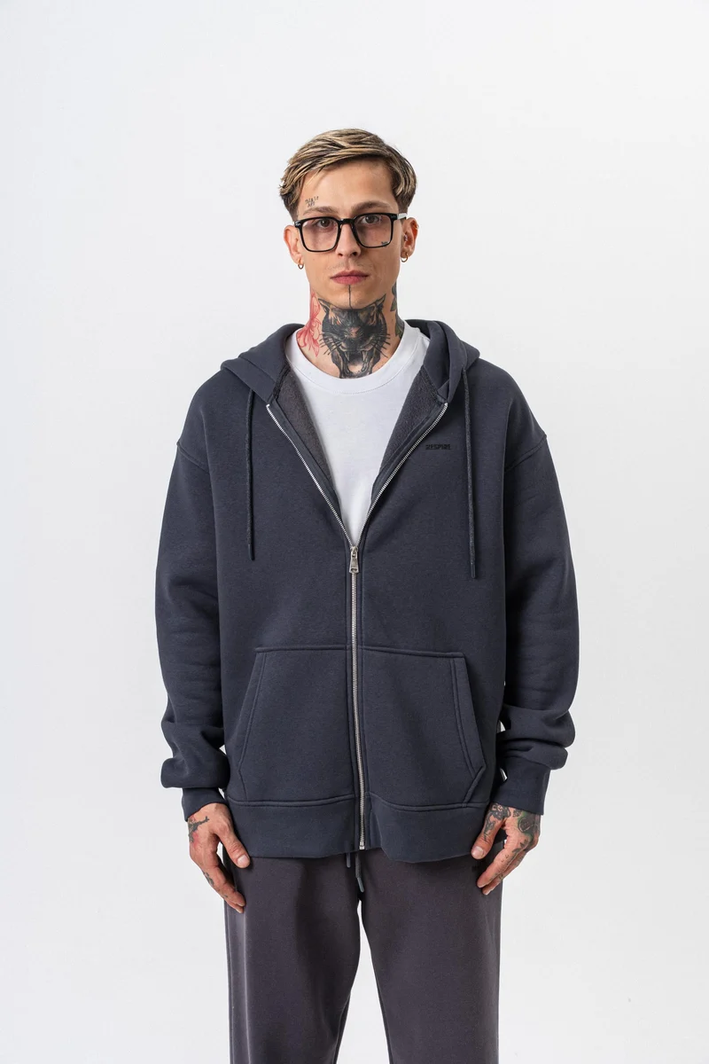 Respire Text Detailed Hooded Basic Zip Oversized Hoodie Charcoal