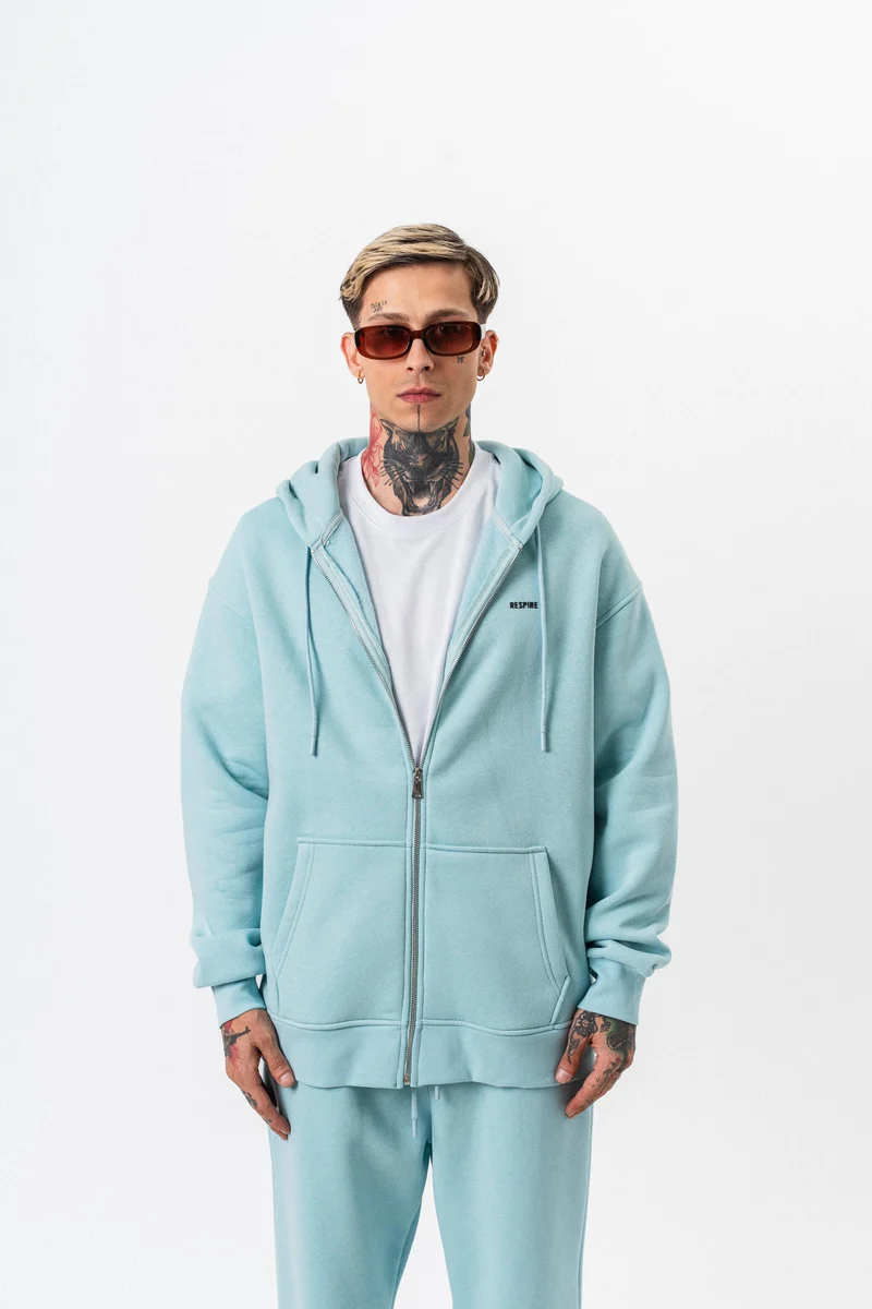 Respire Text Detailed Hooded Basic Zip Oversized Hoodie Baby Blue