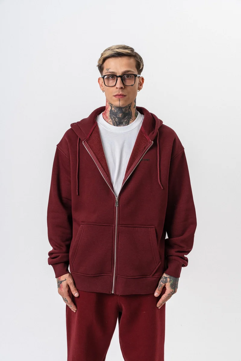 Respire Text Detailed Hooded Basic Zip Oversized Hoodie Burgundy