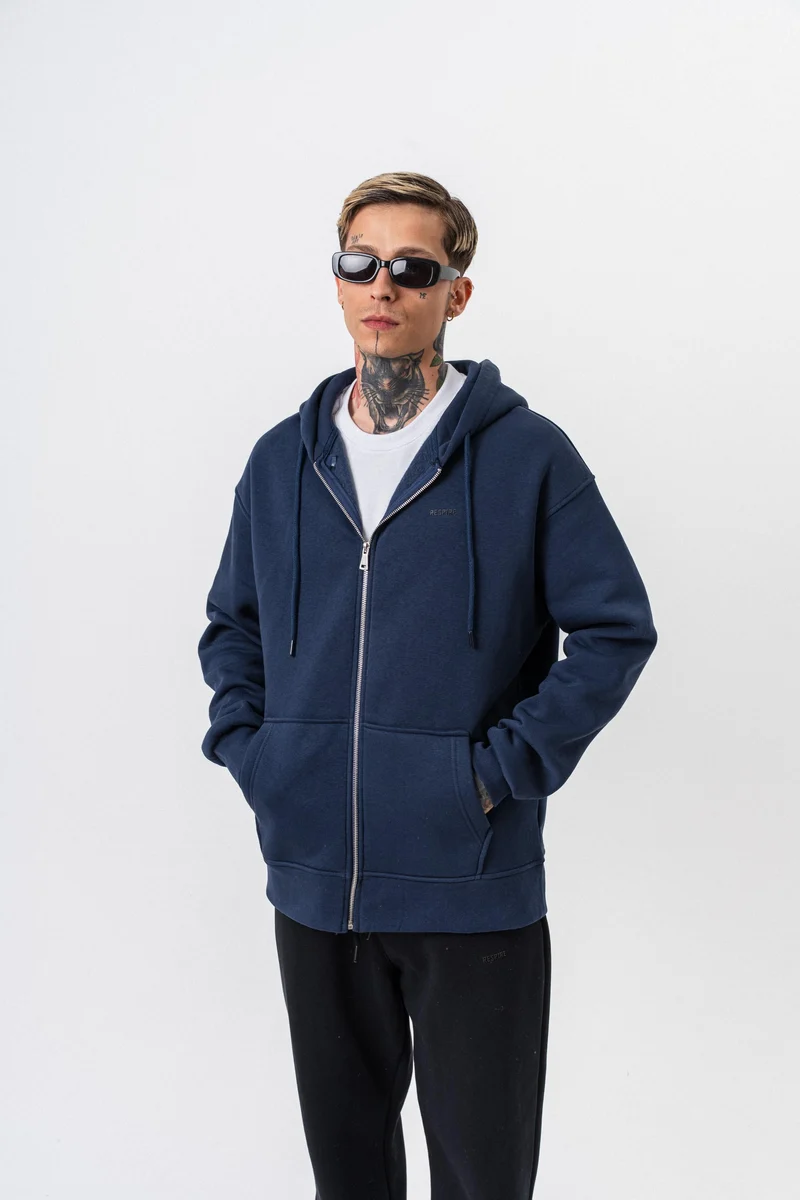 Respire Text Detailed Hooded Basic Zip Oversized Hoodie Navy