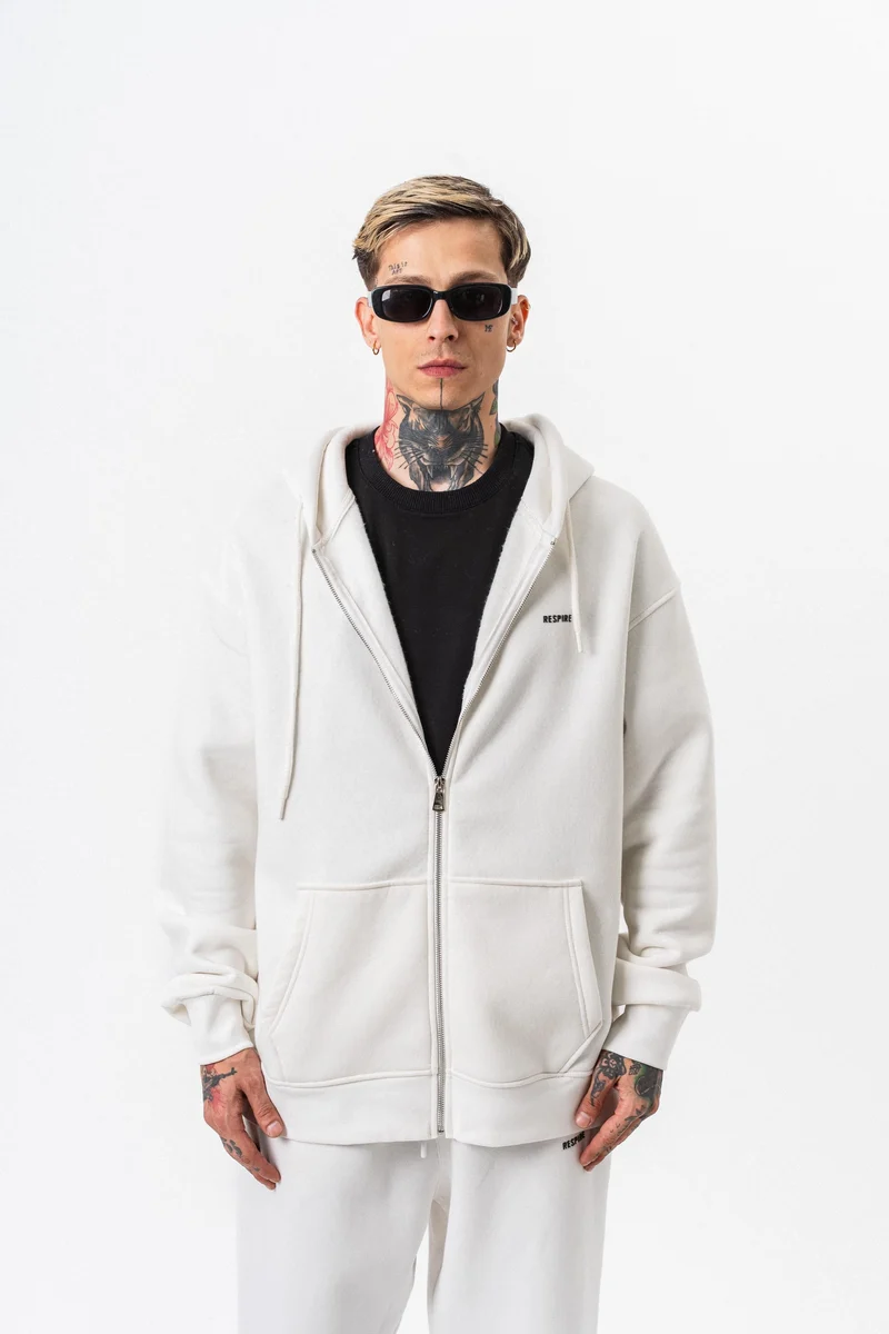 Respire Text Detailed Hooded Basic Zip Oversized Hoodie Ecru