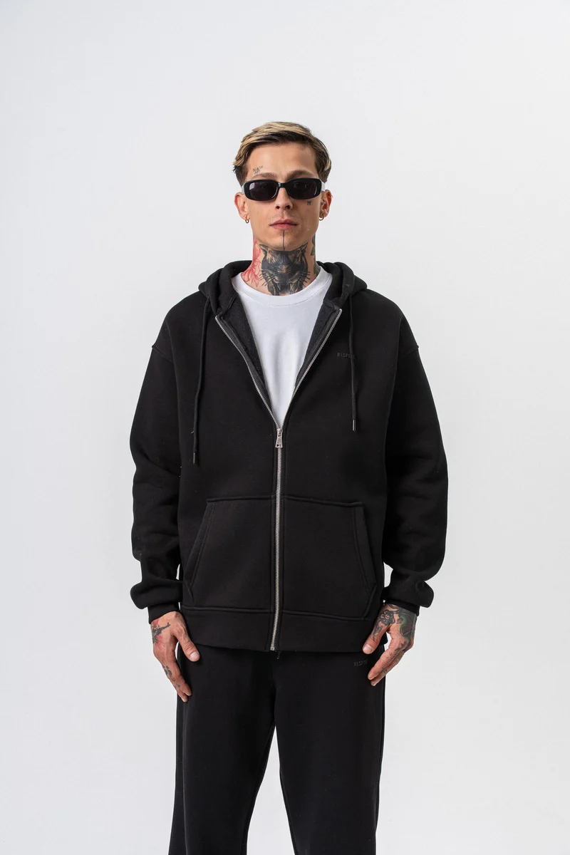 Respire Text Detailed Hooded Basic Zip Oversized Hoodie Black