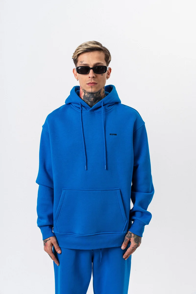 Respire Text Detailed Hooded Basic Oversized Hoodie Blue