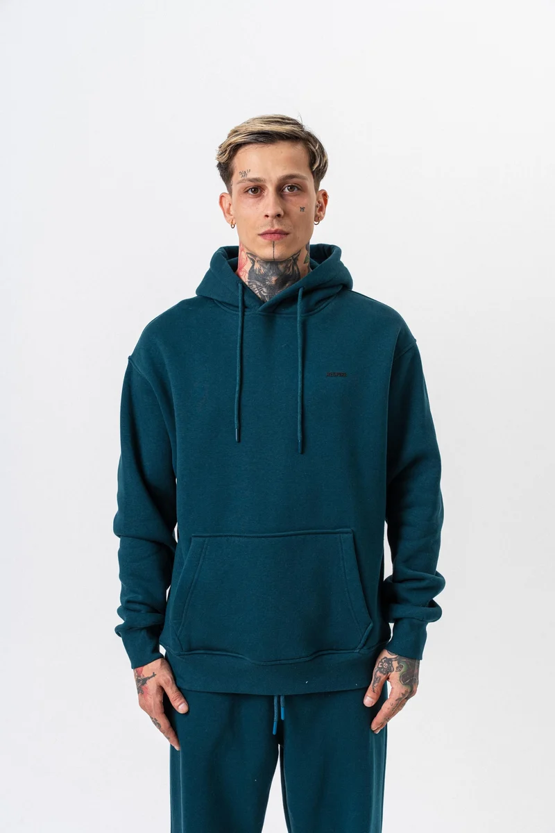 Respire Text Detailed Hooded Basic Oversized Hoodie Emerald