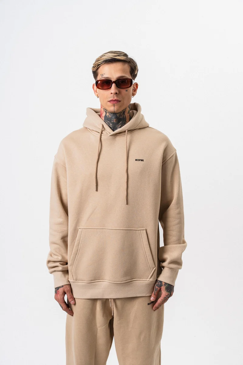 Respire Text Detailed Hooded Basic Oversized Hoodie Beige