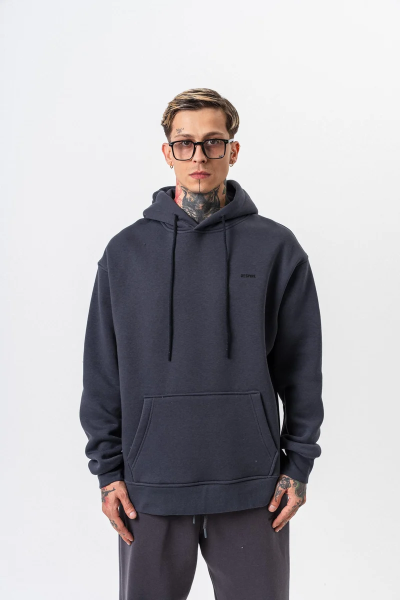 Respire Text Detailed Hooded Basic Oversized Hoodie Charcoal