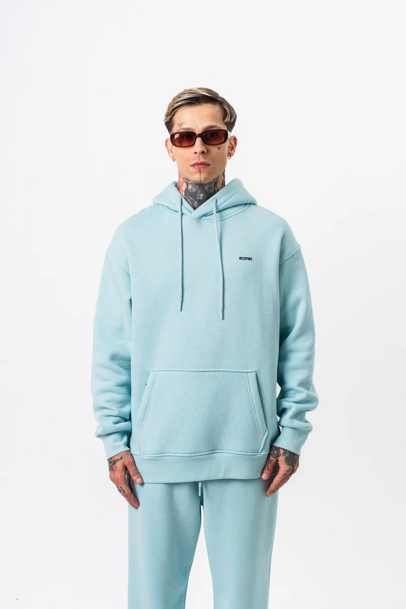 Respire Text Detailed Hooded Basic Oversized Hoodie Baby Blue