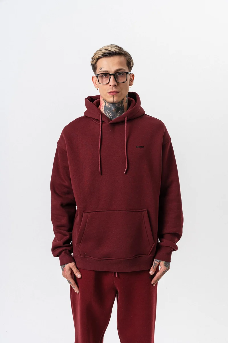 Respire Text Detailed Hooded Basic Oversized Hoodie Burgundy