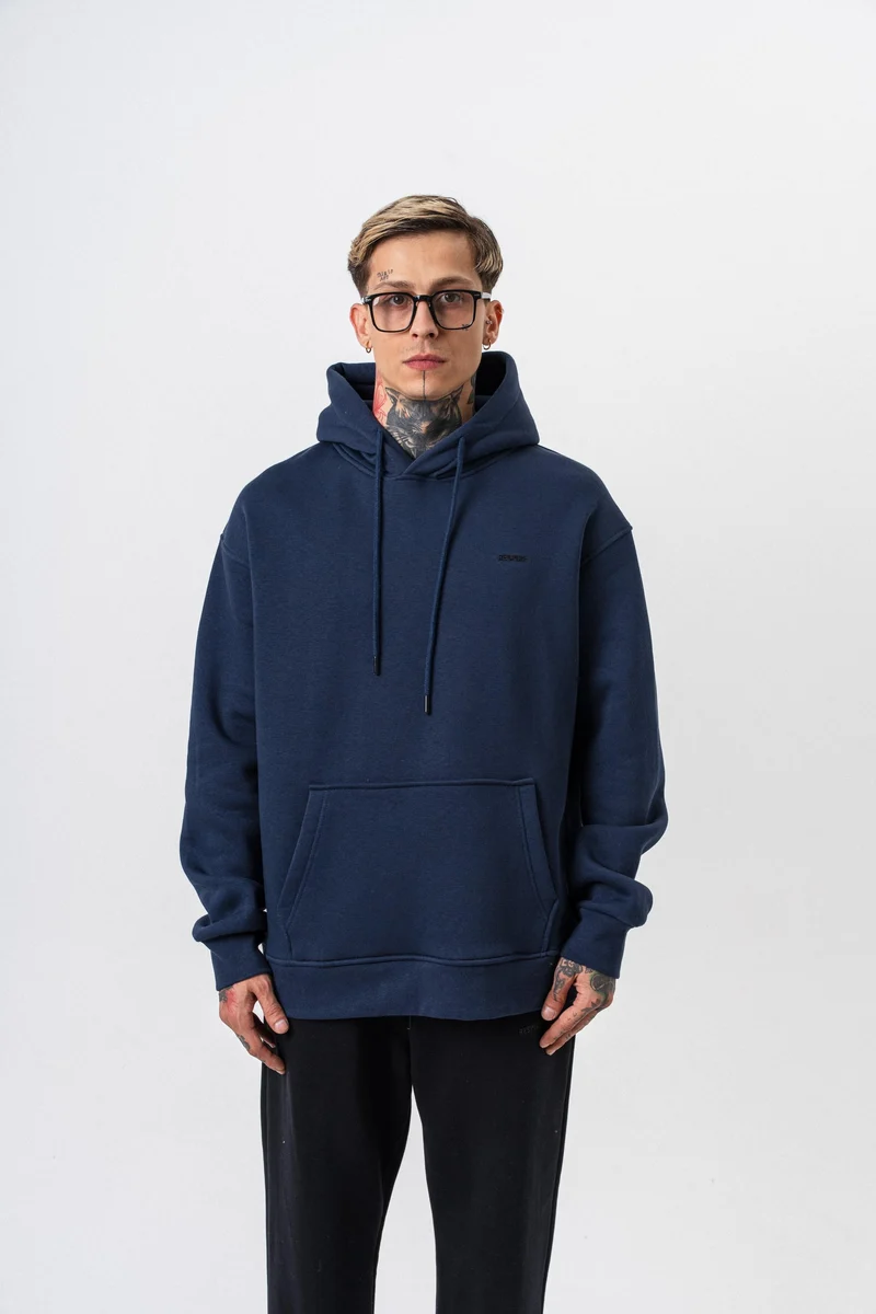 Respire Text Detailed Hooded Basic Oversized Hoodie Navy