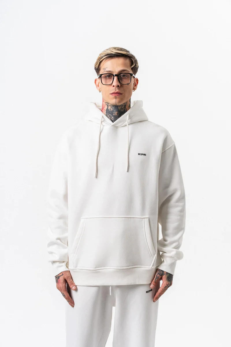 Respire Text Detailed Hooded Basic Oversized Hoodie Ecru