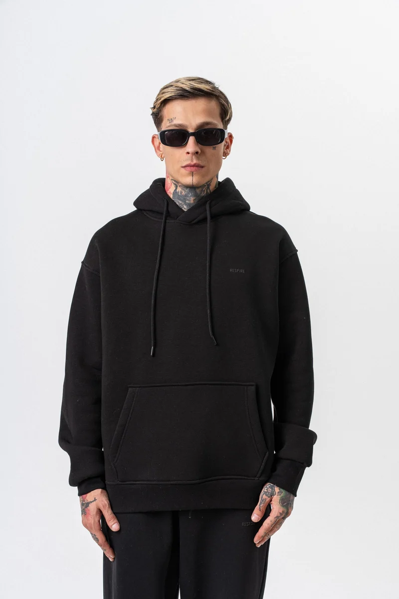 Respire Text Detailed Hooded Basic Oversized Hoodie Black