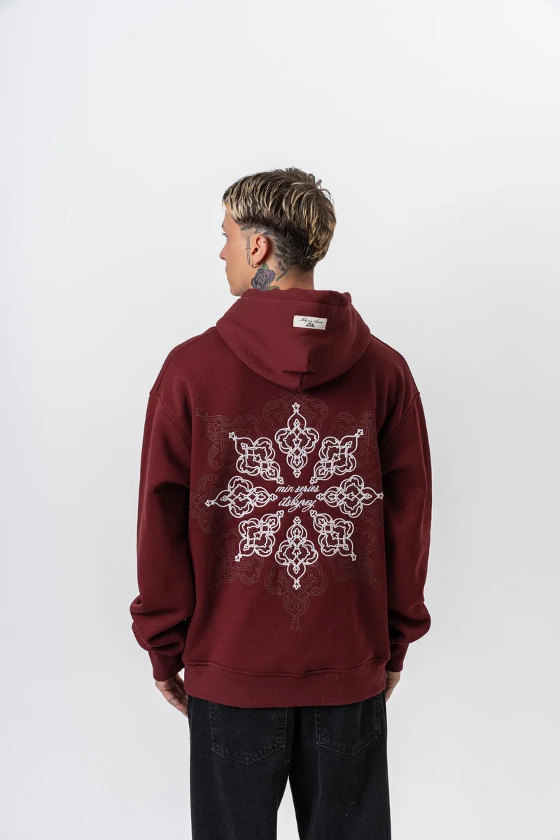 Itsbyzey Embroidered Hooded Oversized Hoodie Burgundy