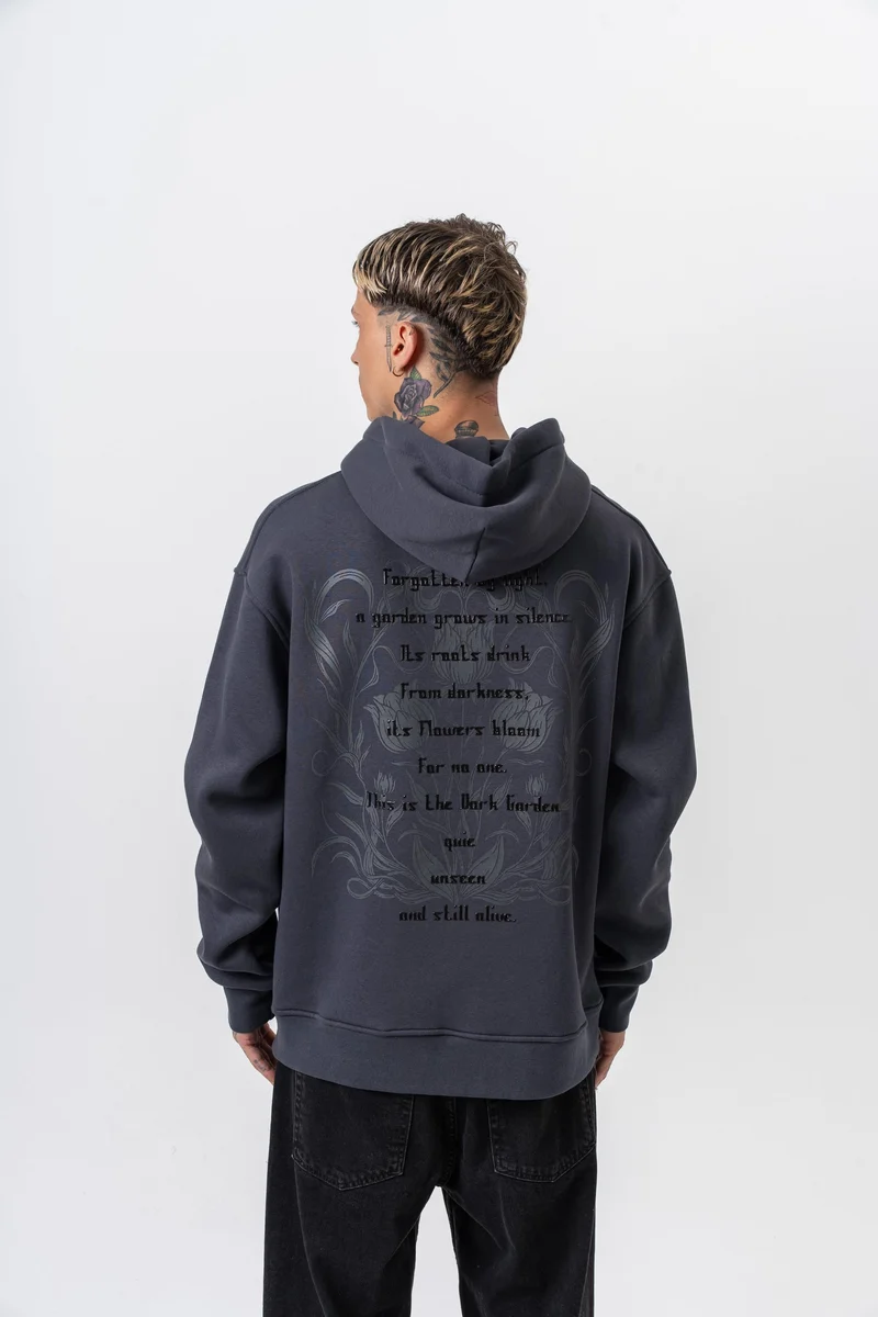 Garden Printed Hooded Oversized Hoodie Charcoal