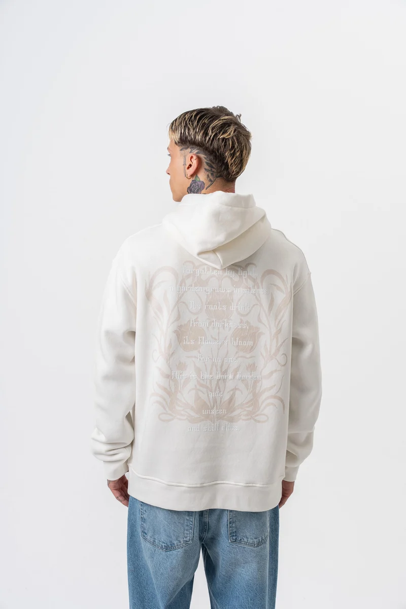 Garden Printed Hooded Oversized Hoodie Ecru