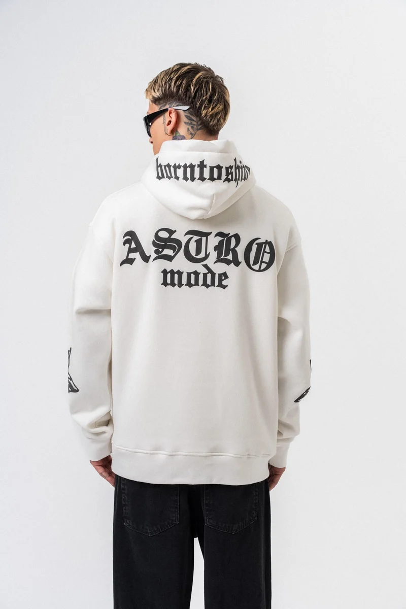 Astro Mode Printed Hooded Oversized Hoodie Ecru