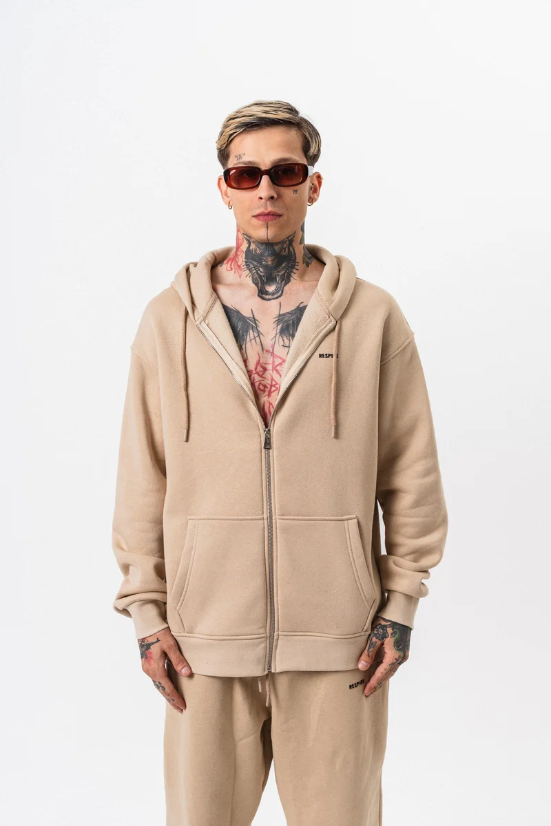Respire Text Detailed Hooded Basic Zip Oversized Hoodie Beige