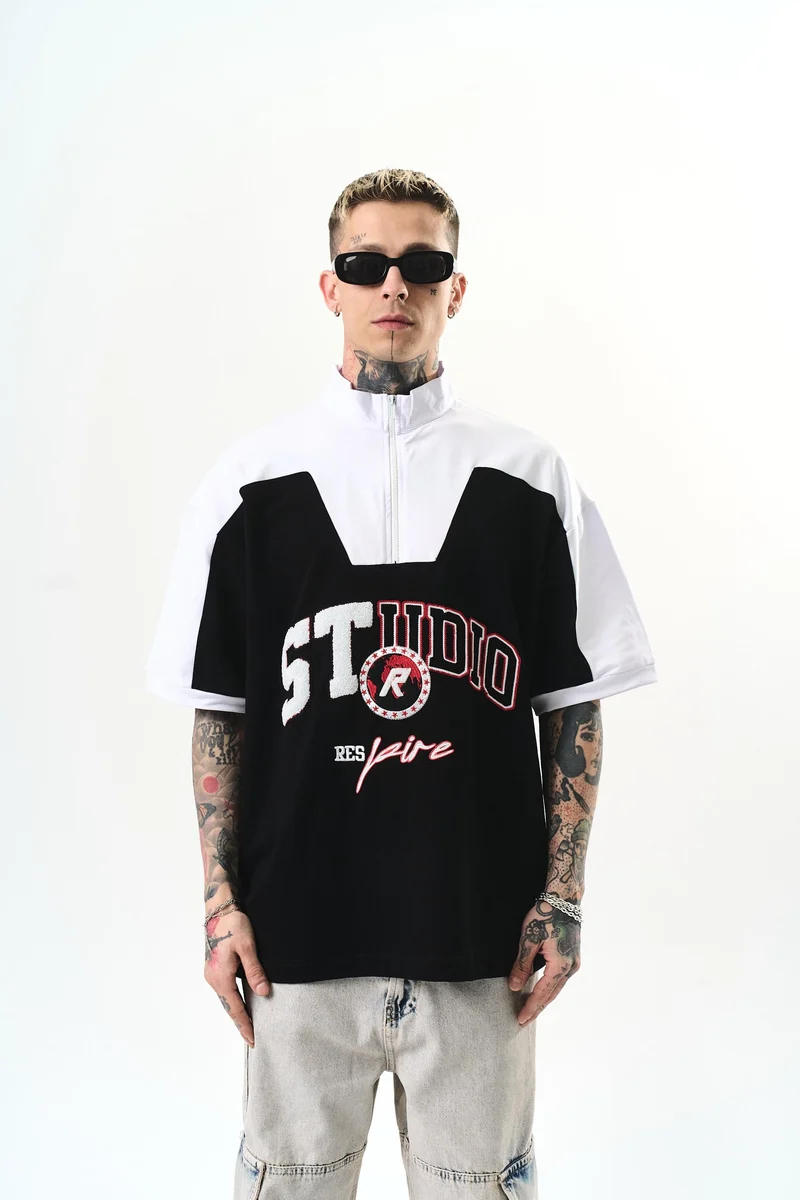 Men's Studio Embroidered Half Zip Oversize T-Shirt Black