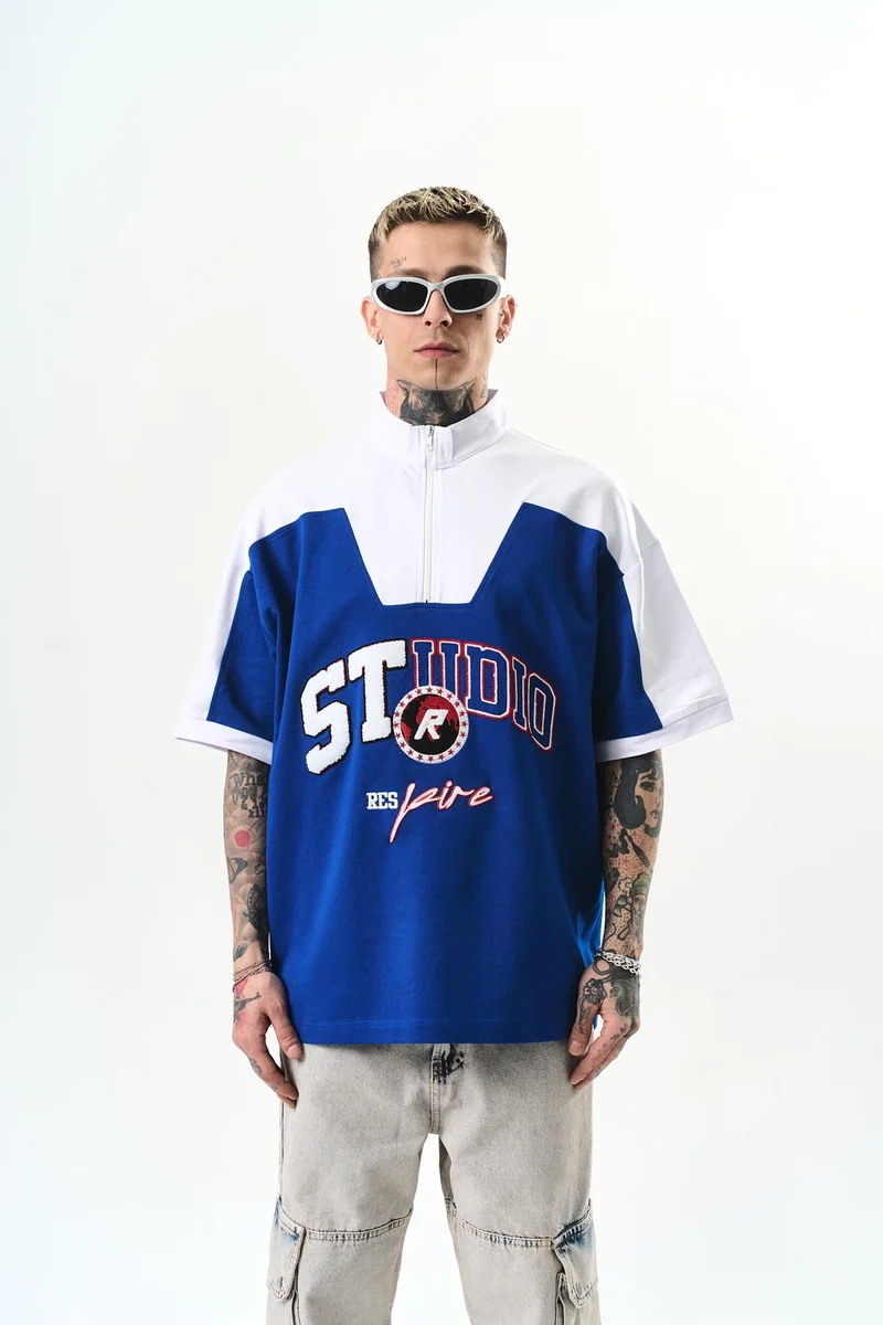 Men's Studio Embroidered Half Zip Oversize T-Shirt Sax Blue