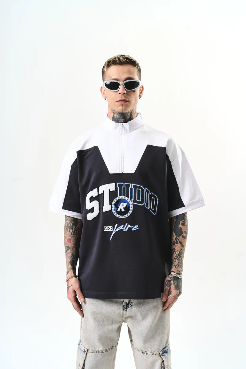 Men's Studio Embroidered Half Zip Oversize T-Shirt Charcoal
