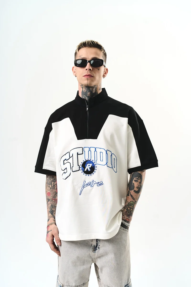 Men's Studio Embroidered Half Zip Oversize T-Shirt Ecru