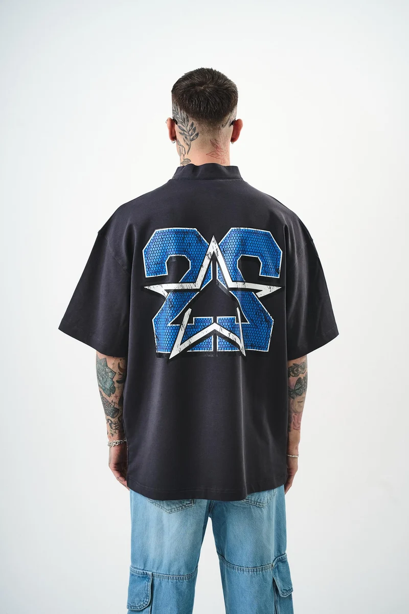 22 Printed Half Zip Oversize T-Shirt Charcoal