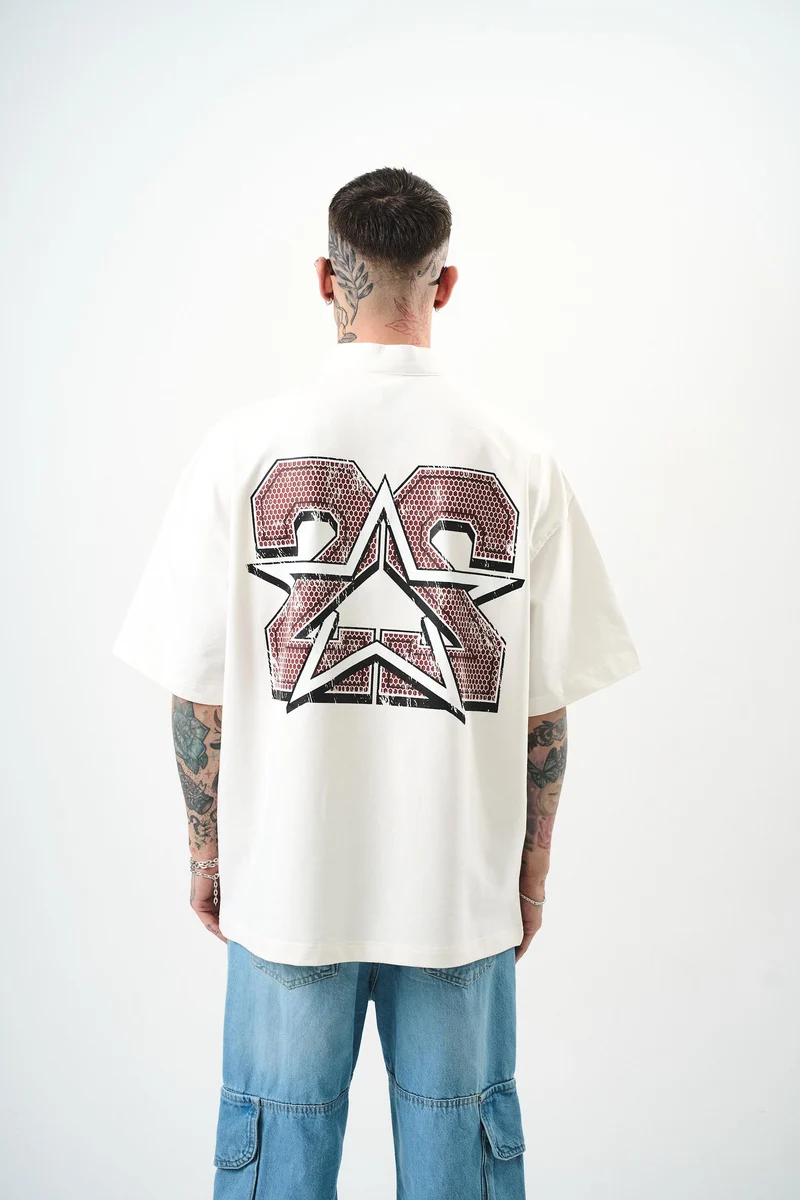 22 Printed Half Zip Oversize T-Shirt Ecru