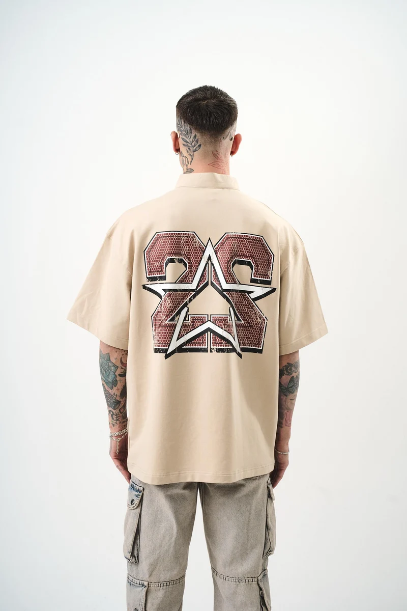 22 Printed Half Zip Oversize T-Shirt Beige
