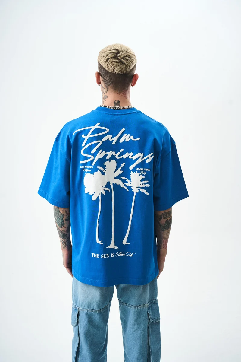 Men's Palm Printed Oversize T-Shirt Blue