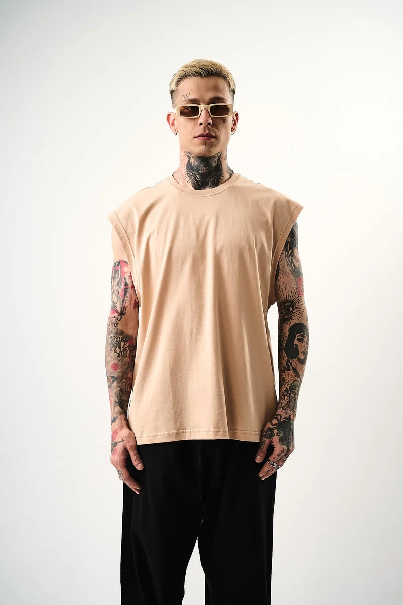 Basic Sleeveless Oversize T-Shirt Beige