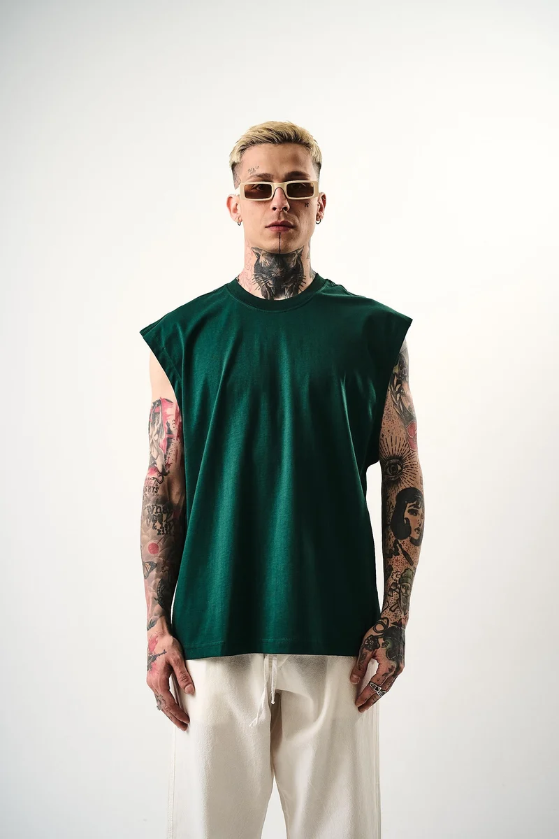 Basic Sleeveless Oversize T-Shirt Petrol Green