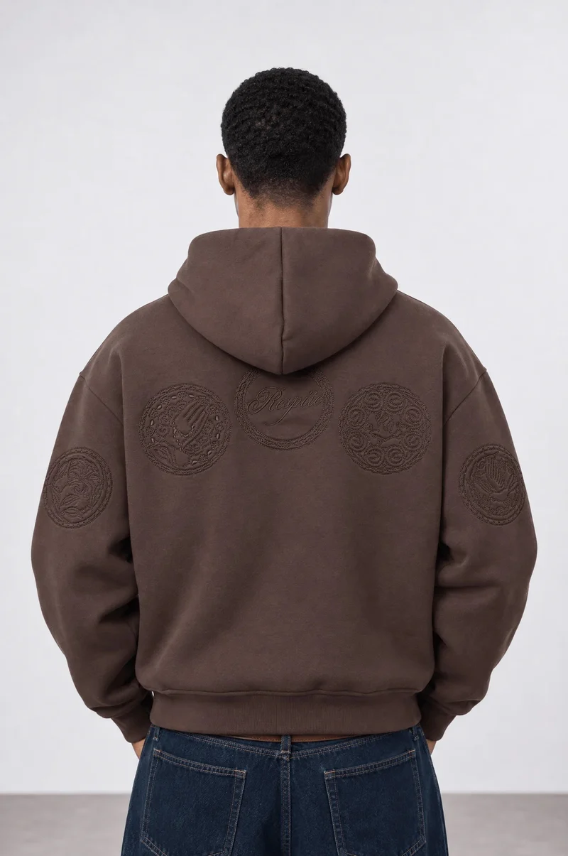 Men's Brown Oversized Hoodie with Rosette Embroidery
